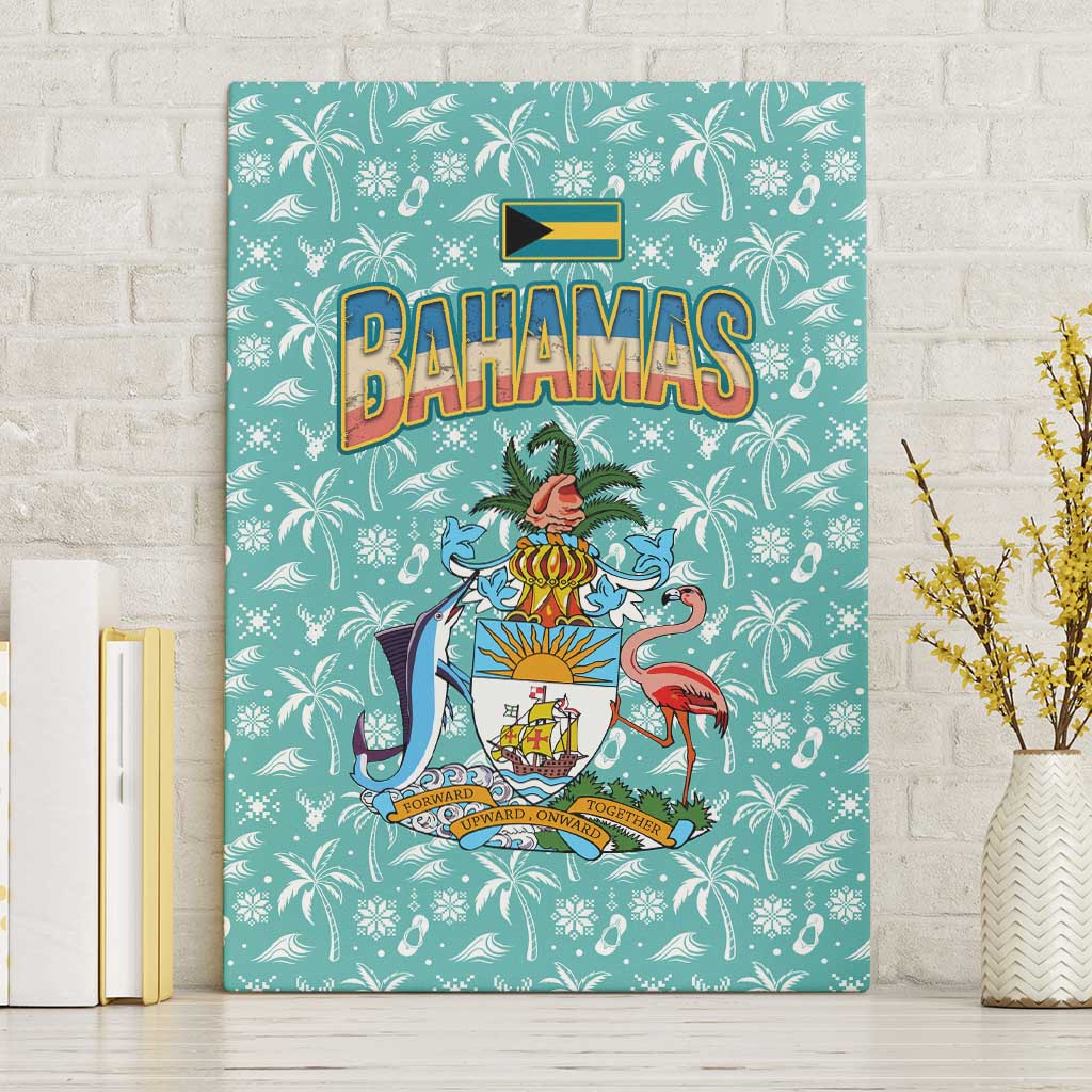 Bahamas Christmas Canvas Wall Art with Teal Palm Pattern Carnival Santa and National Emblem Motif - Wonder Print Shop
