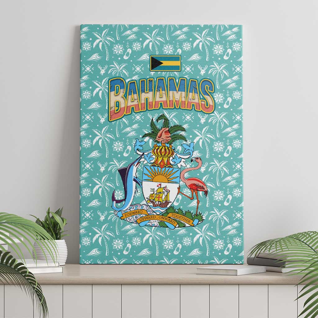 Bahamas Christmas Canvas Wall Art with Teal Palm Pattern Carnival Santa and National Emblem Motif - Wonder Print Shop