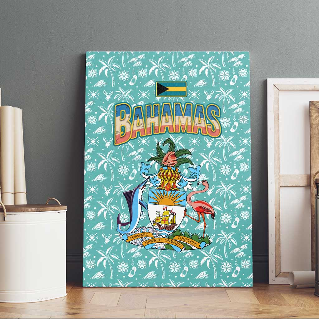 Bahamas Christmas Canvas Wall Art with Teal Palm Pattern Carnival Santa and National Emblem Motif - Wonder Print Shop