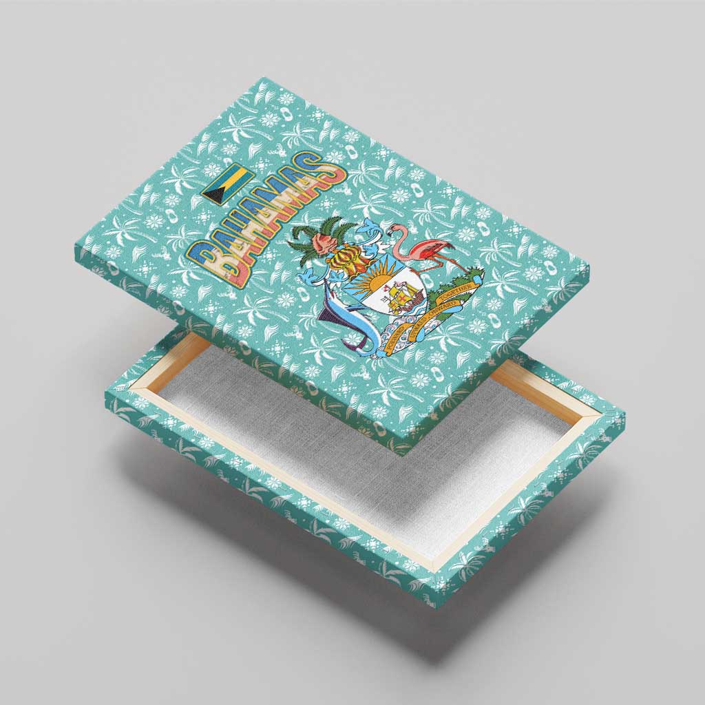 Bahamas Christmas Canvas Wall Art with Teal Palm Pattern Carnival Santa and National Emblem Motif - Wonder Print Shop