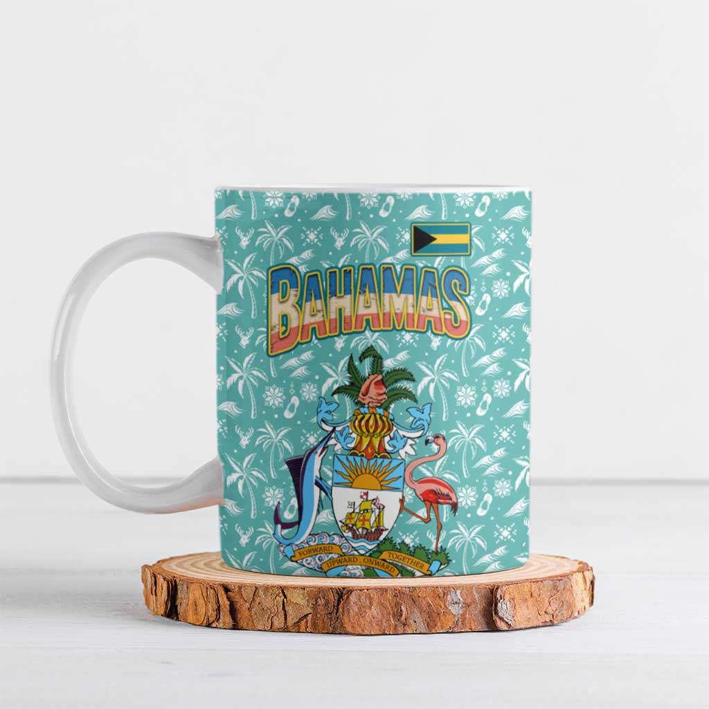 Bahamas Christmas Ceramic Mug with Teal Palm Pattern Carnival Santa and National Emblem Motif - Wonder Print Shop