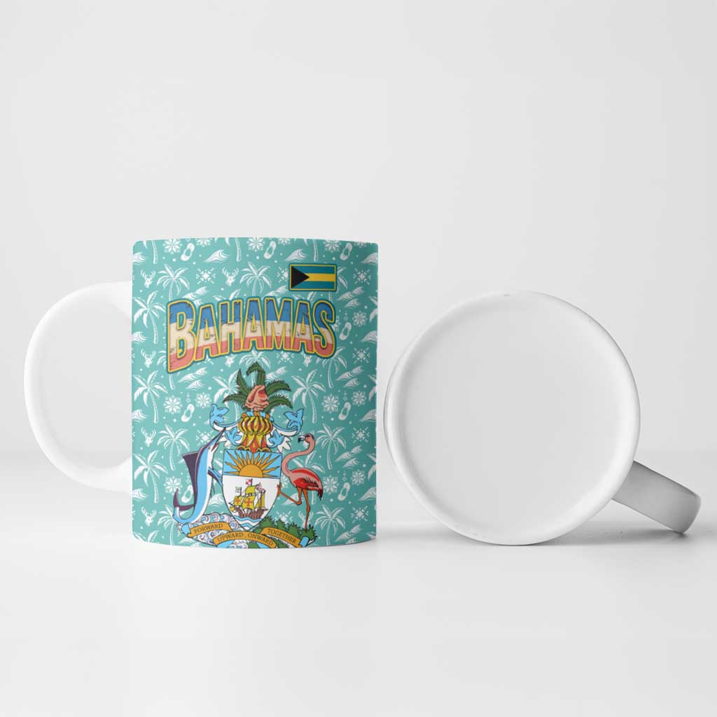 Bahamas Christmas Ceramic Mug with Teal Palm Pattern Carnival Santa and National Emblem Motif - Wonder Print Shop