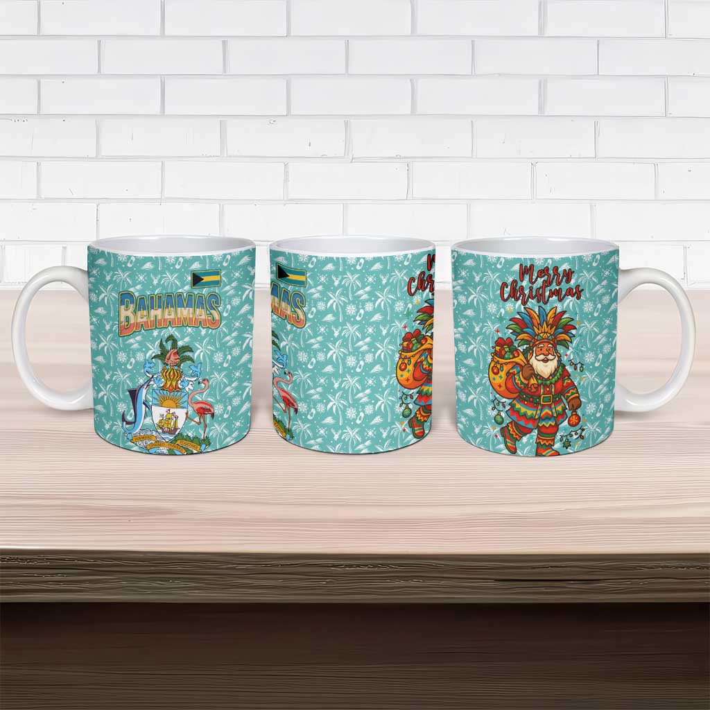 Bahamas Christmas Ceramic Mug with Teal Palm Pattern Carnival Santa and National Emblem Motif - Wonder Print Shop