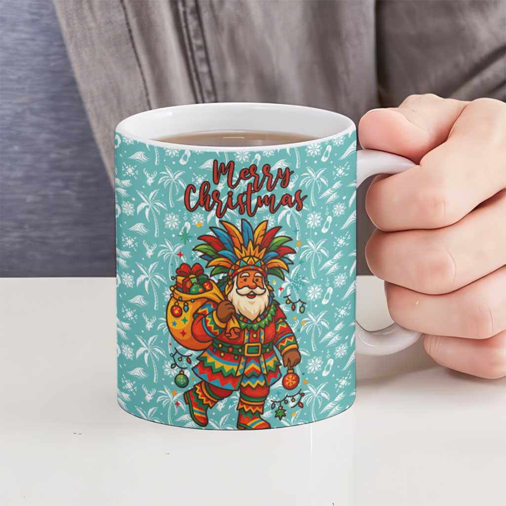 Bahamas Christmas Ceramic Mug with Teal Palm Pattern Carnival Santa and National Emblem Motif - Wonder Print Shop