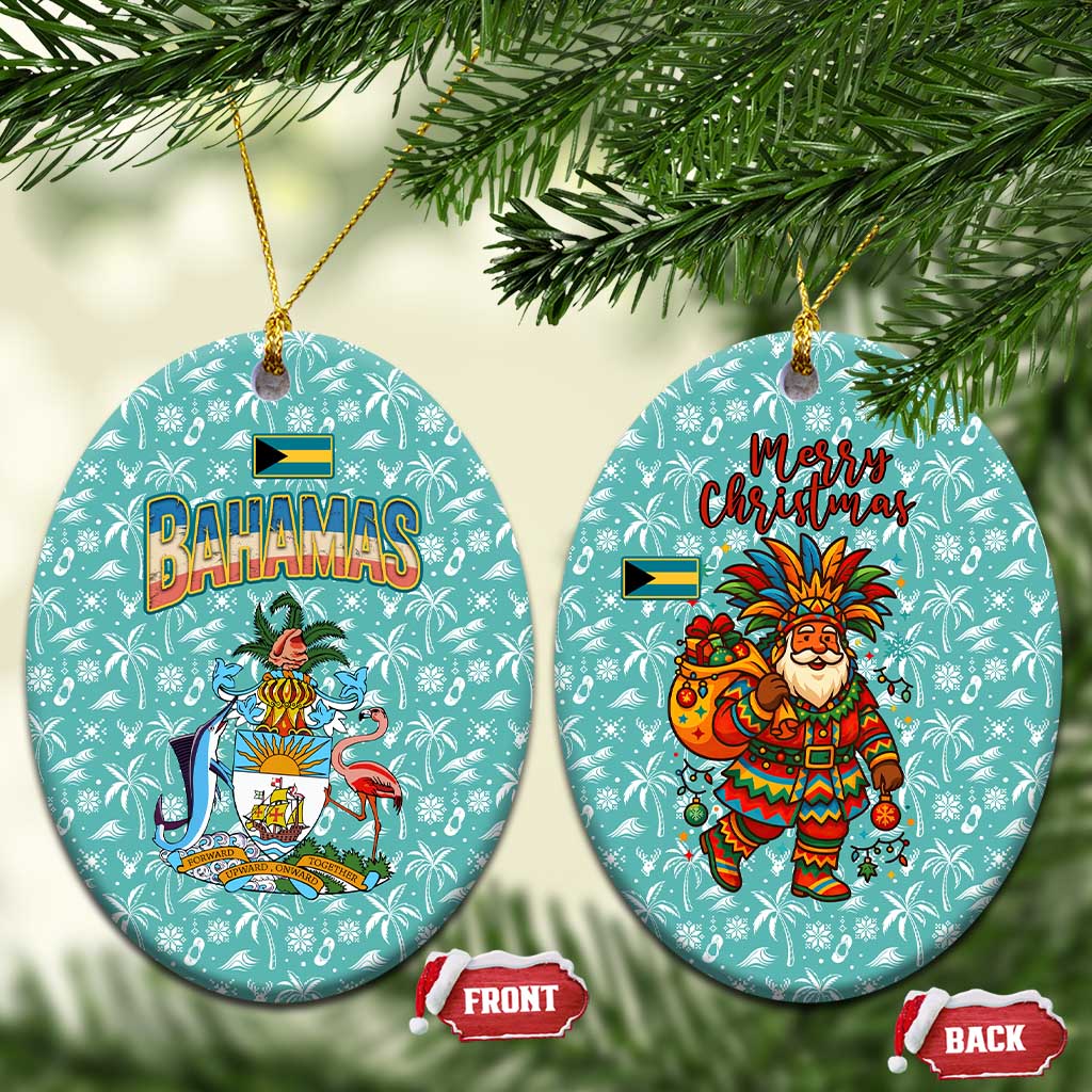Bahamas Christmas Ceramic Ornament with Teal Palm Pattern Carnival Santa and National Emblem Motif - Wonder Print Shop