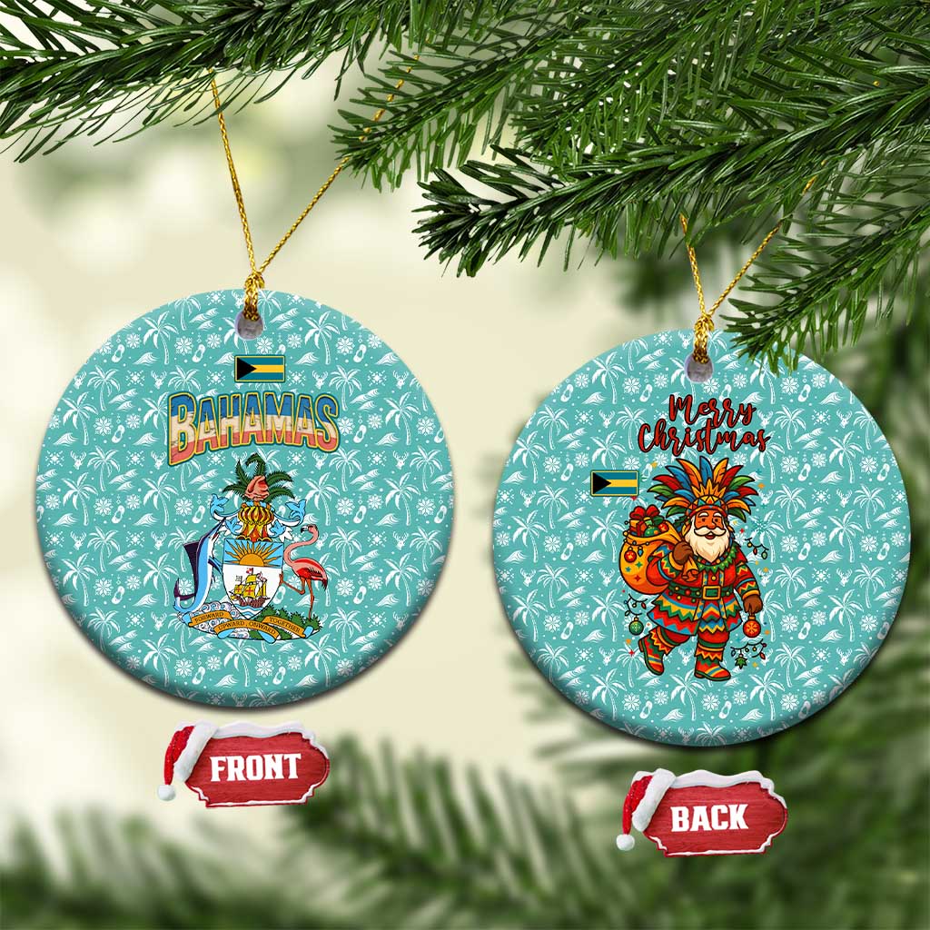Bahamas Christmas Ceramic Ornament with Teal Palm Pattern Carnival Santa and National Emblem Motif - Wonder Print Shop