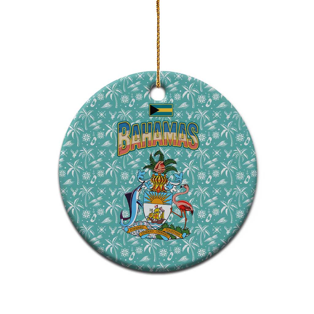 Bahamas Christmas Ceramic Ornament with Teal Palm Pattern Carnival Santa and National Emblem Motif - Wonder Print Shop