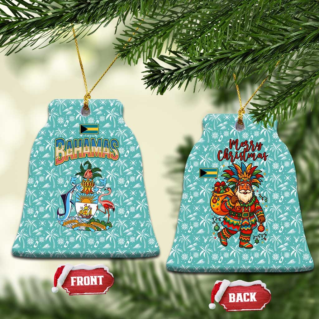 Bahamas Christmas Ceramic Ornament with Teal Palm Pattern Carnival Santa and National Emblem Motif - Wonder Print Shop