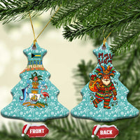 Bahamas Christmas Ceramic Ornament with Teal Palm Pattern Carnival Santa and National Emblem Motif - Wonder Print Shop