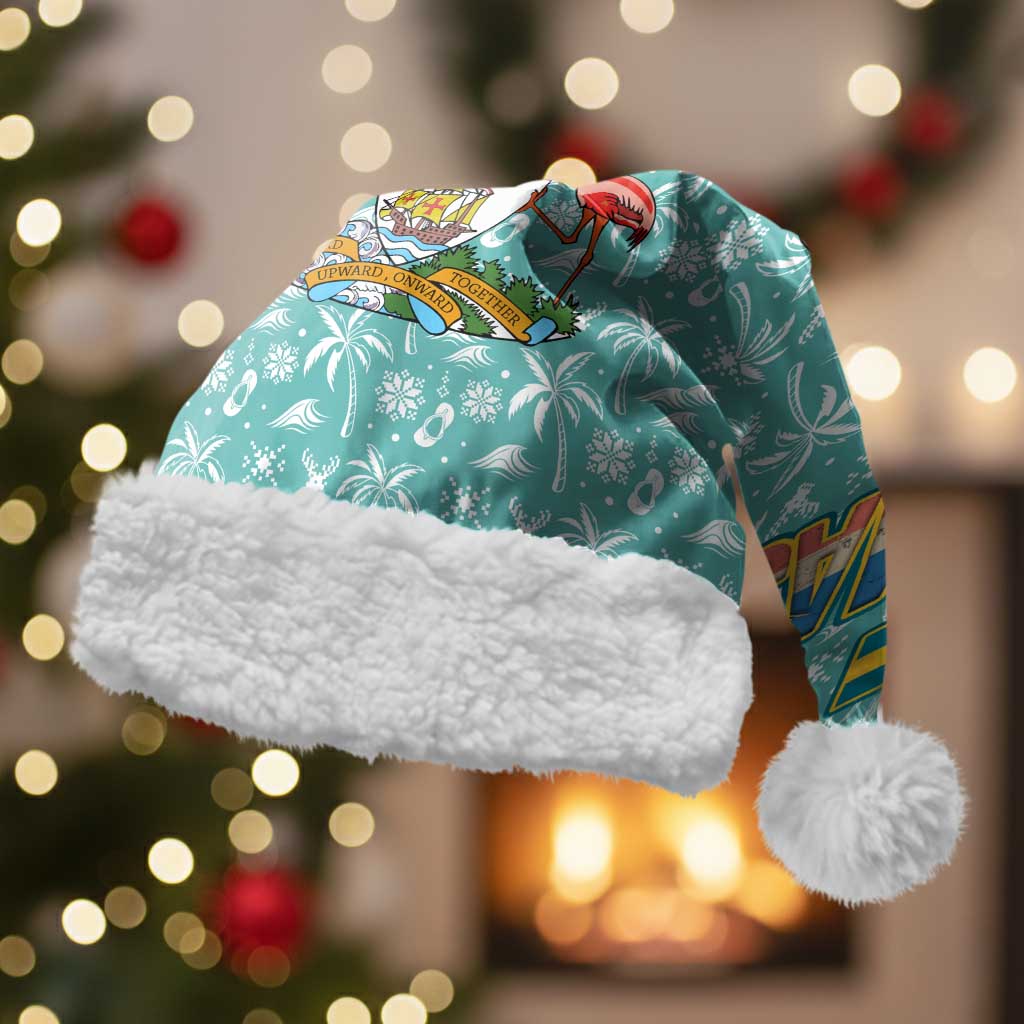 Bahamas Christmas Santa Hat with Teal Palm Pattern Carnival Santa and National Emblem Motif - Wonder Print Shop
