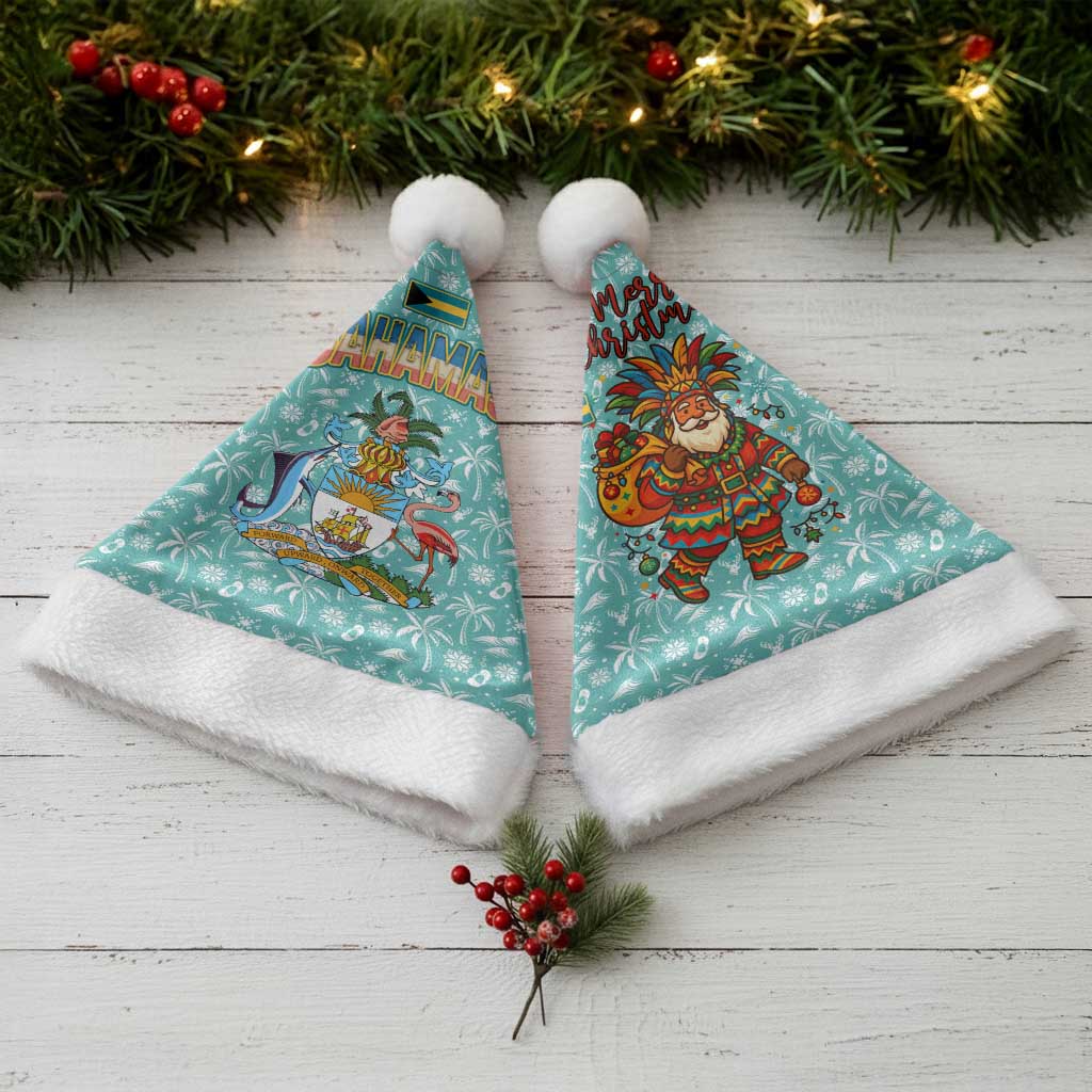 Bahamas Christmas Santa Hat with Teal Palm Pattern Carnival Santa and National Emblem Motif - Wonder Print Shop