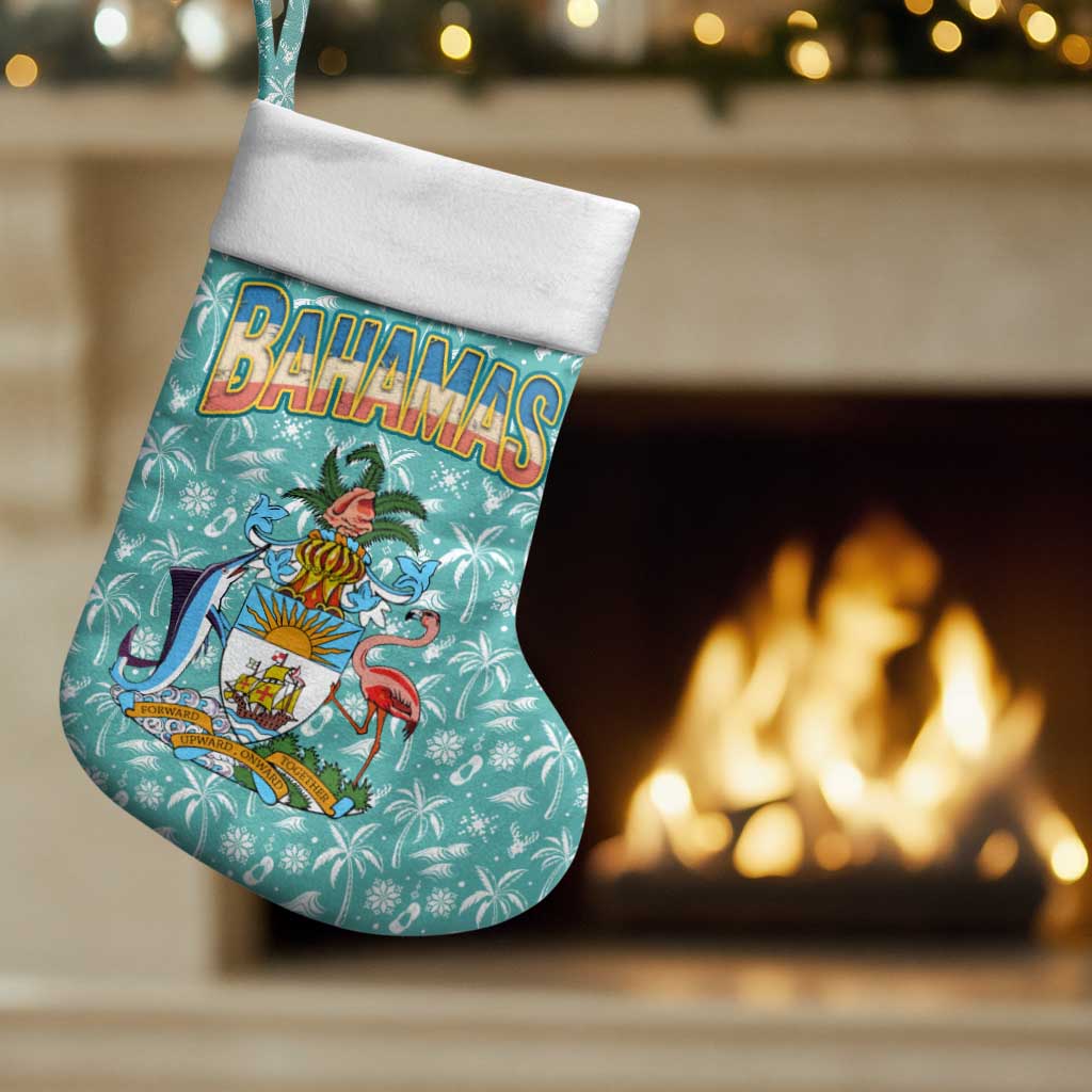 Bahamas Christmas Stocking with Teal Palm Pattern Carnival Santa and National Emblem Motif - Wonder Print Shop