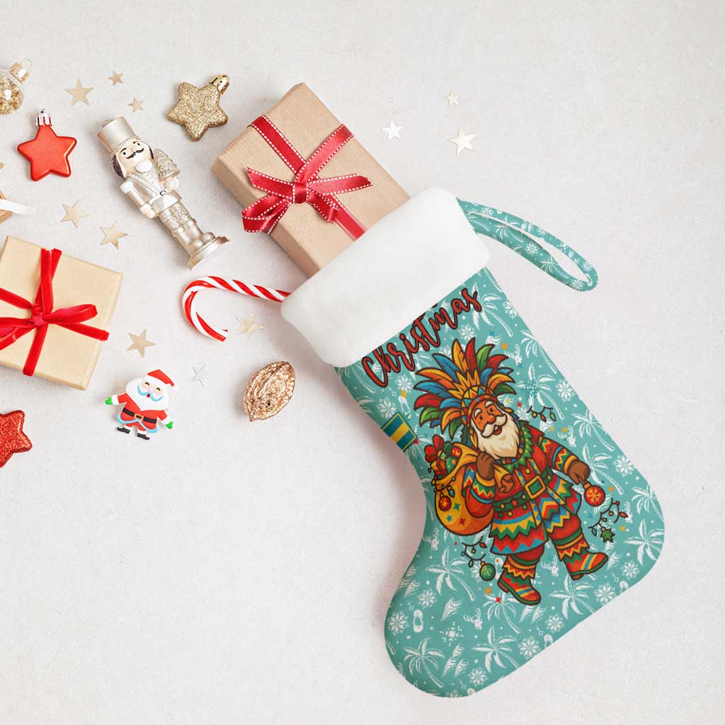 Bahamas Christmas Stocking with Teal Palm Pattern Carnival Santa and National Emblem Motif - Wonder Print Shop