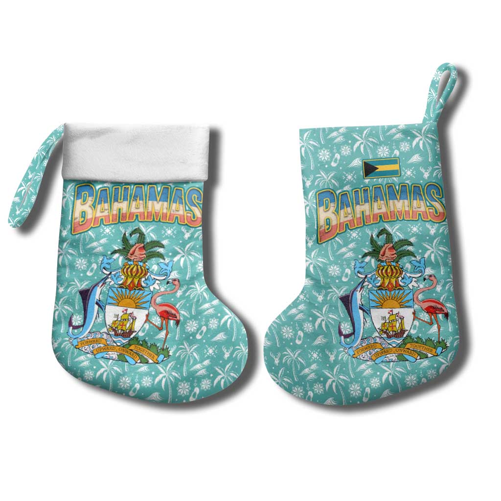 Bahamas Christmas Stocking with Teal Palm Pattern Carnival Santa and National Emblem Motif - Wonder Print Shop