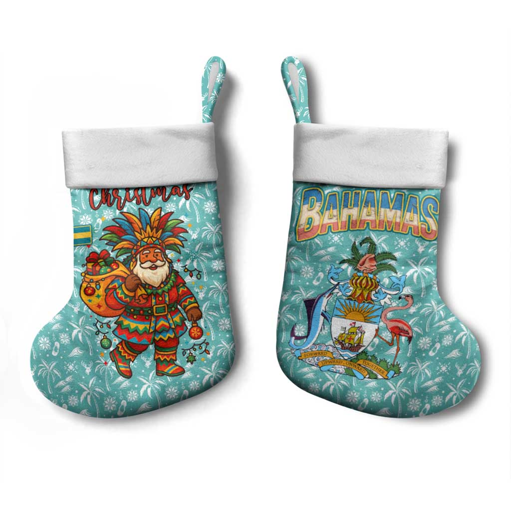 Bahamas Christmas Stocking with Teal Palm Pattern Carnival Santa and National Emblem Motif - Wonder Print Shop