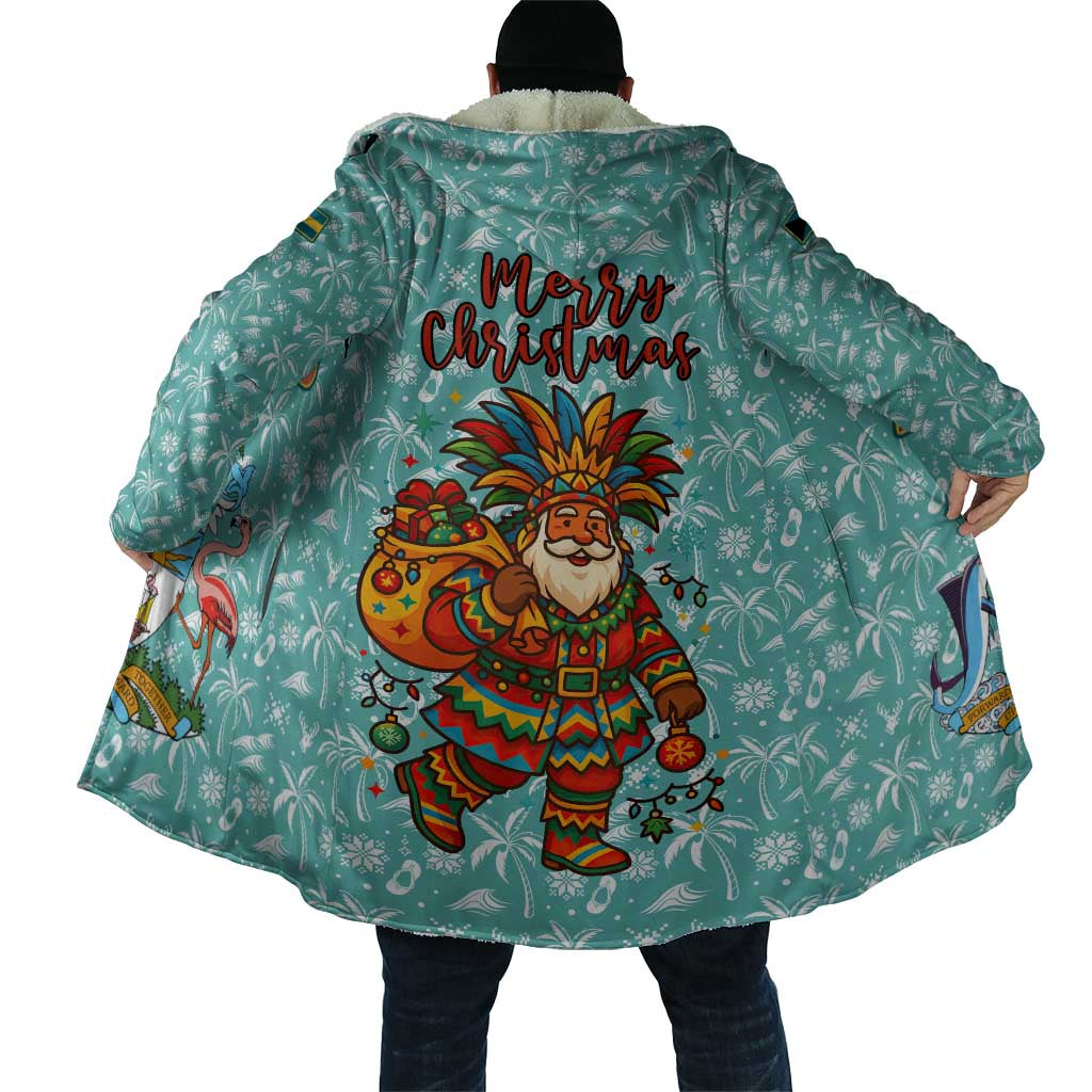 Bahamas Christmas Cloak with Teal Palm Pattern Carnival Santa and National Emblem Motif - Wonder Print Shop