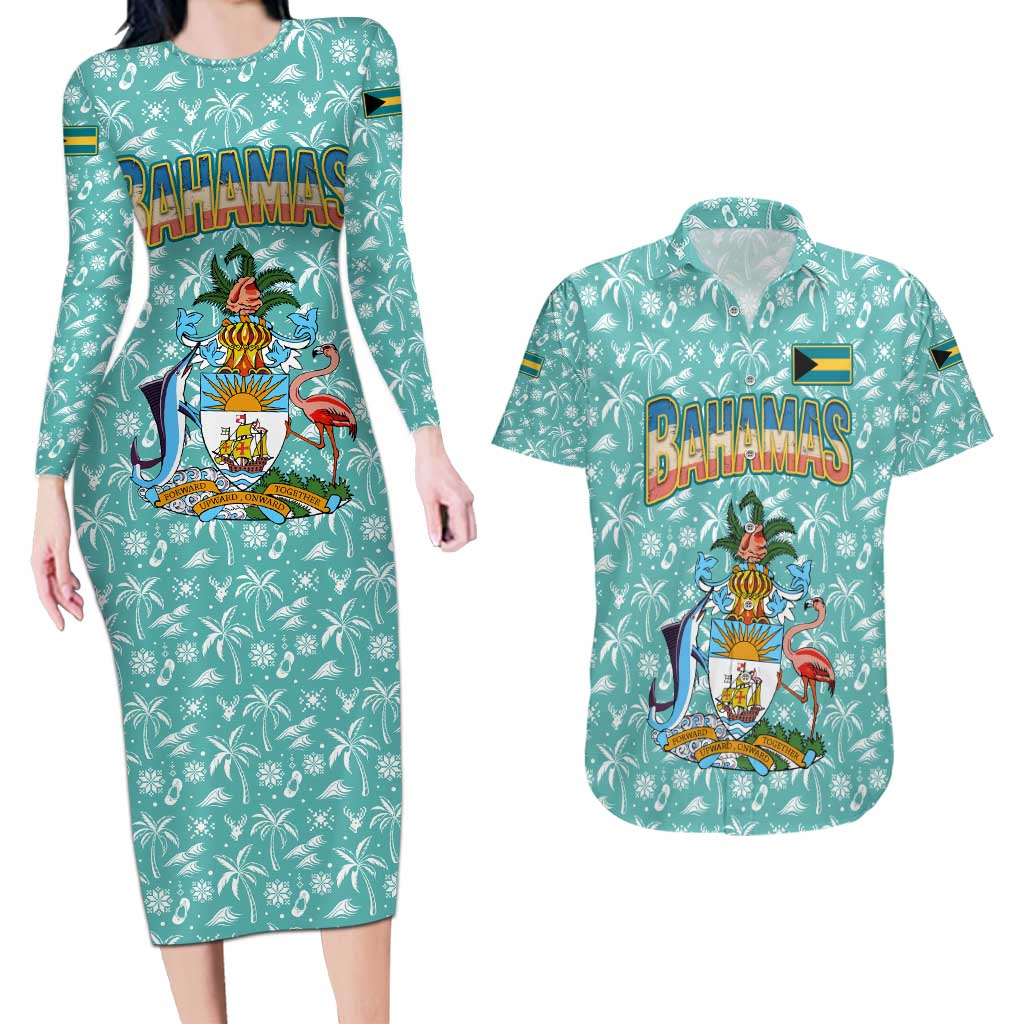 Bahamas Christmas Couples Matching Long Sleeve Bodycon Dress and Hawaiian Shirt with Teal Palm Pattern Carnival Santa and National Emblem Motif - Wonder Print Shop