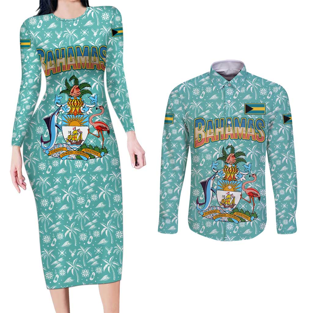 Bahamas Christmas Couples Matching Long Sleeve Bodycon Dress and Long Sleeve Button Shirt with Teal Palm Pattern Carnival Santa and National Emblem Motif - Wonder Print Shop