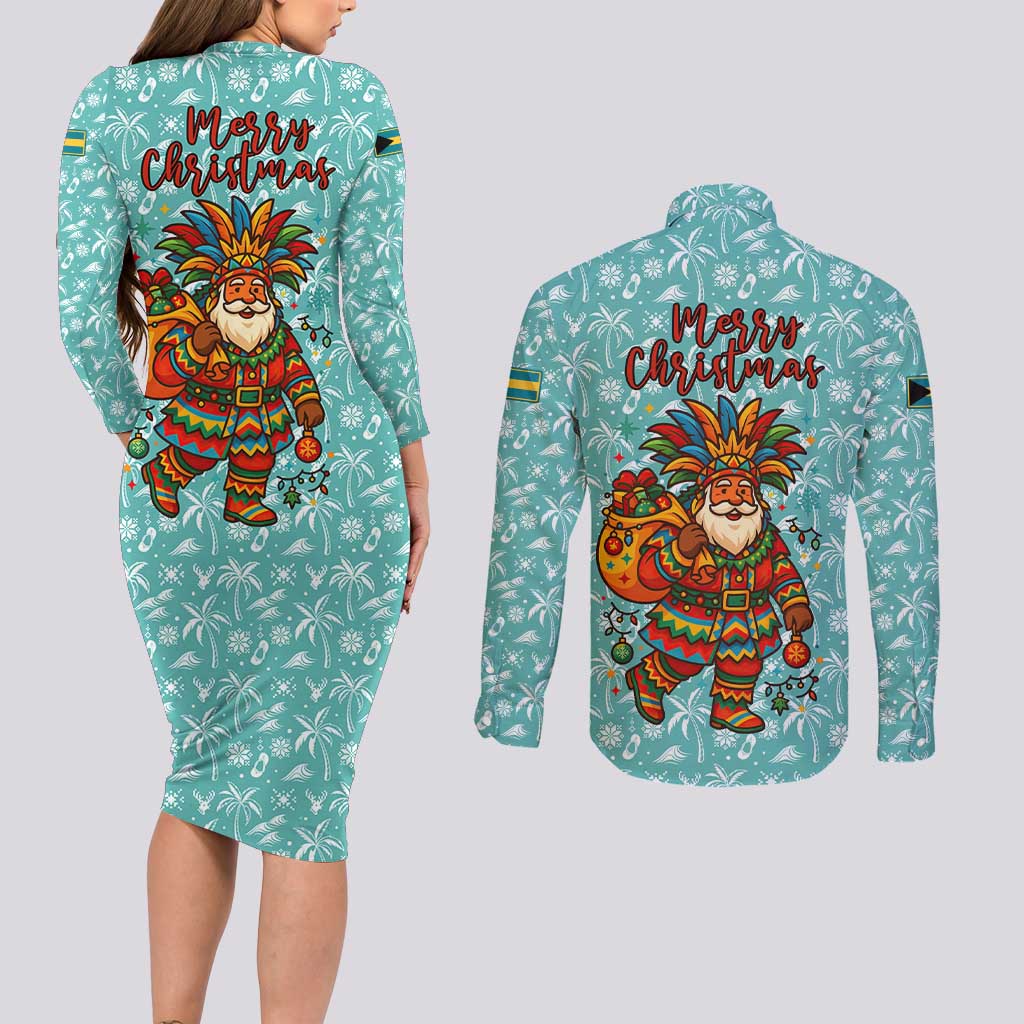 Bahamas Christmas Couples Matching Long Sleeve Bodycon Dress and Long Sleeve Button Shirt with Teal Palm Pattern Carnival Santa and National Emblem Motif - Wonder Print Shop