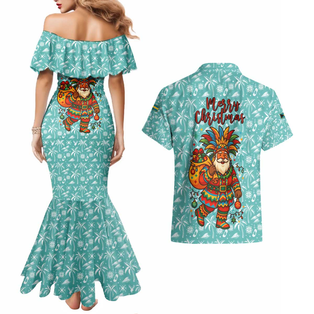 Bahamas Christmas Couples Matching Mermaid Dress and Hawaiian Shirt with Teal Palm Pattern Carnival Santa and National Emblem Motif - Wonder Print Shop