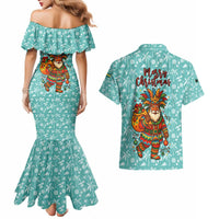 Bahamas Christmas Couples Matching Mermaid Dress and Hawaiian Shirt with Teal Palm Pattern Carnival Santa and National Emblem Motif - Wonder Print Shop