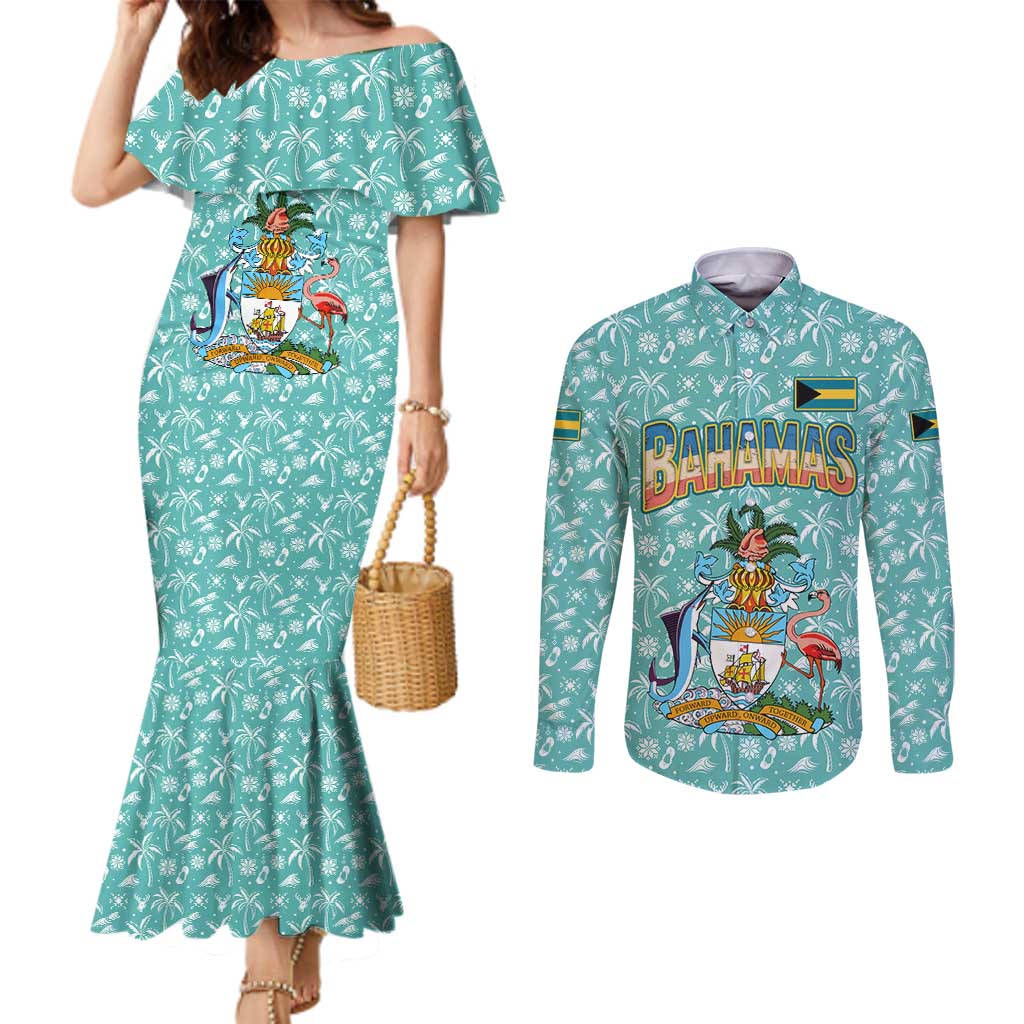 Bahamas Christmas Couples Matching Mermaid Dress and Long Sleeve Button Shirt with Teal Palm Pattern Carnival Santa and National Emblem Motif - Wonder Print Shop