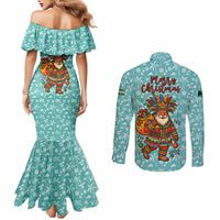 Bahamas Christmas Couples Matching Mermaid Dress and Long Sleeve Button Shirt with Teal Palm Pattern Carnival Santa and National Emblem Motif - Wonder Print Shop