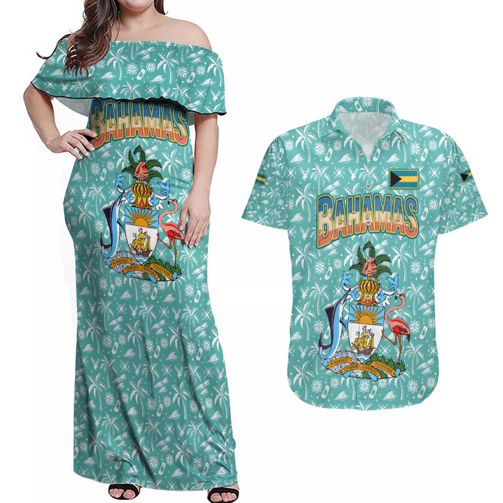 Bahamas Christmas Couples Matching Off Shoulder Maxi Dress and Hawaiian Shirt with Teal Palm Pattern Carnival Santa and National Emblem Motif - Wonder Print Shop