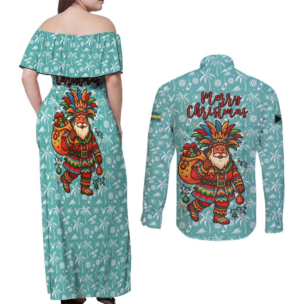 Bahamas Christmas Couples Matching Off Shoulder Maxi Dress and Long Sleeve Button Shirt with Teal Palm Pattern Carnival Santa and National Emblem Motif - Wonder Print Shop