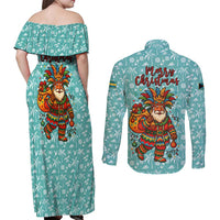 Bahamas Christmas Couples Matching Off Shoulder Maxi Dress and Long Sleeve Button Shirt with Teal Palm Pattern Carnival Santa and National Emblem Motif - Wonder Print Shop