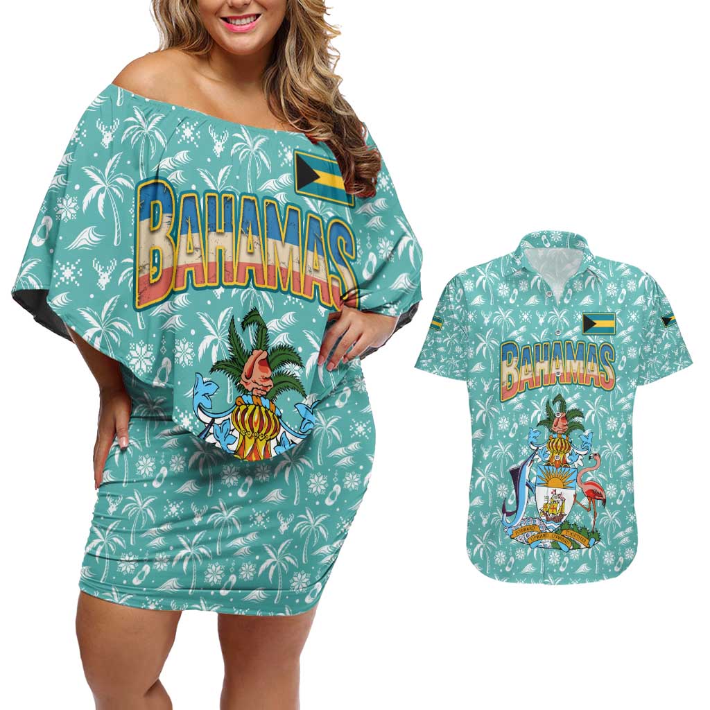 Bahamas Christmas Couples Matching Off Shoulder Short Dress and Hawaiian Shirt with Teal Palm Pattern Carnival Santa and National Emblem Motif - Wonder Print Shop