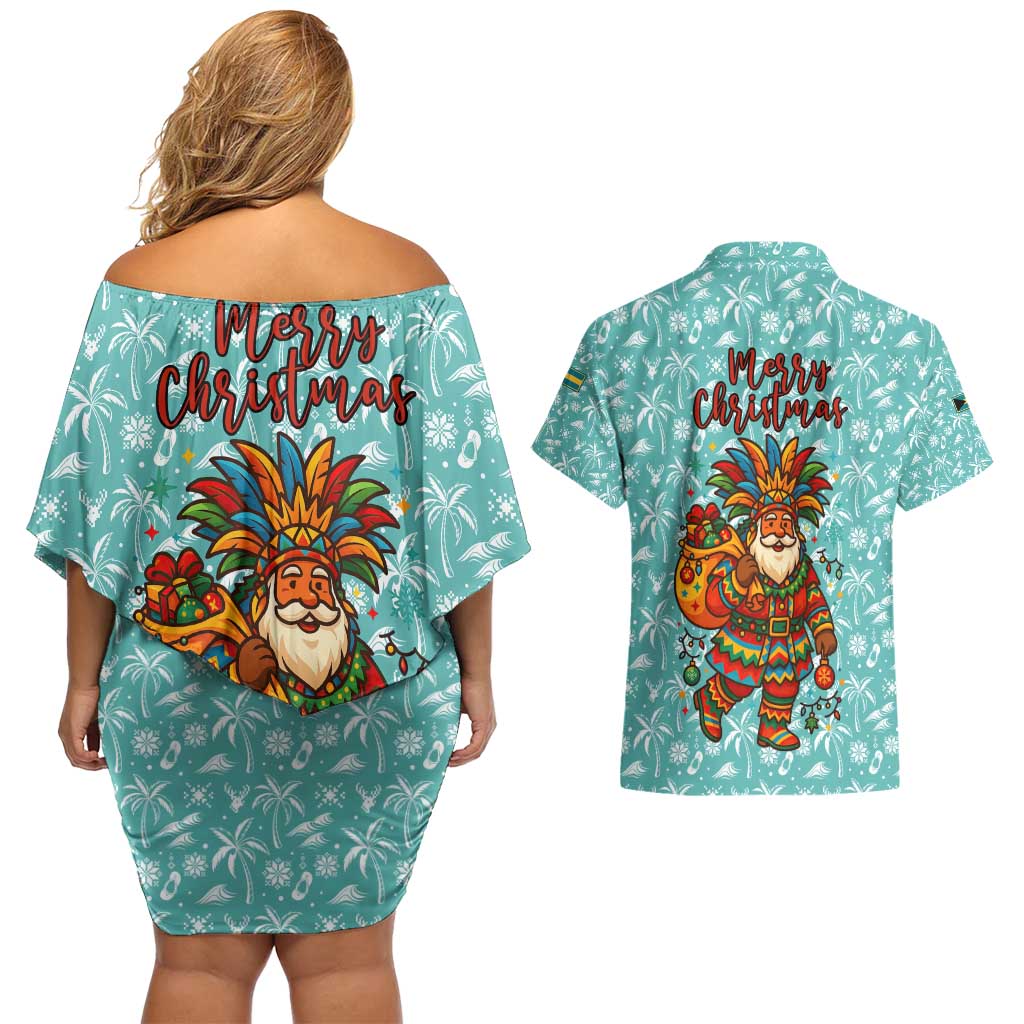 Bahamas Christmas Couples Matching Off Shoulder Short Dress and Hawaiian Shirt with Teal Palm Pattern Carnival Santa and National Emblem Motif - Wonder Print Shop