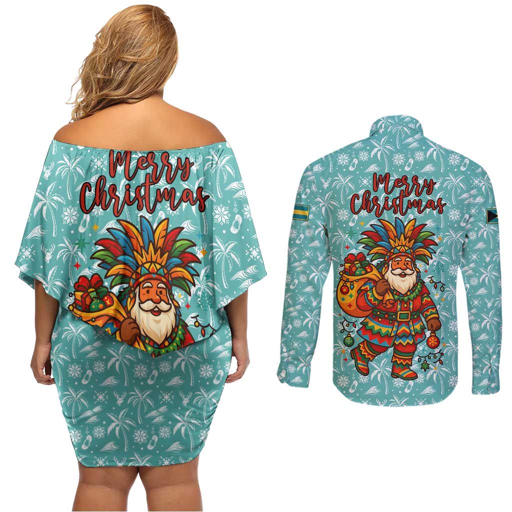 Bahamas Christmas Couples Matching Off Shoulder Short Dress and Long Sleeve Button Shirt with Teal Palm Pattern Carnival Santa and National Emblem Motif - Wonder Print Shop