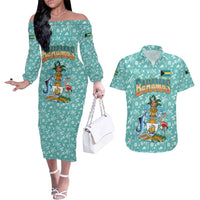 Bahamas Christmas Couples Matching Off The Shoulder Long Sleeve Dress and Hawaiian Shirt with Teal Palm Pattern Carnival Santa and National Emblem Motif - Wonder Print Shop