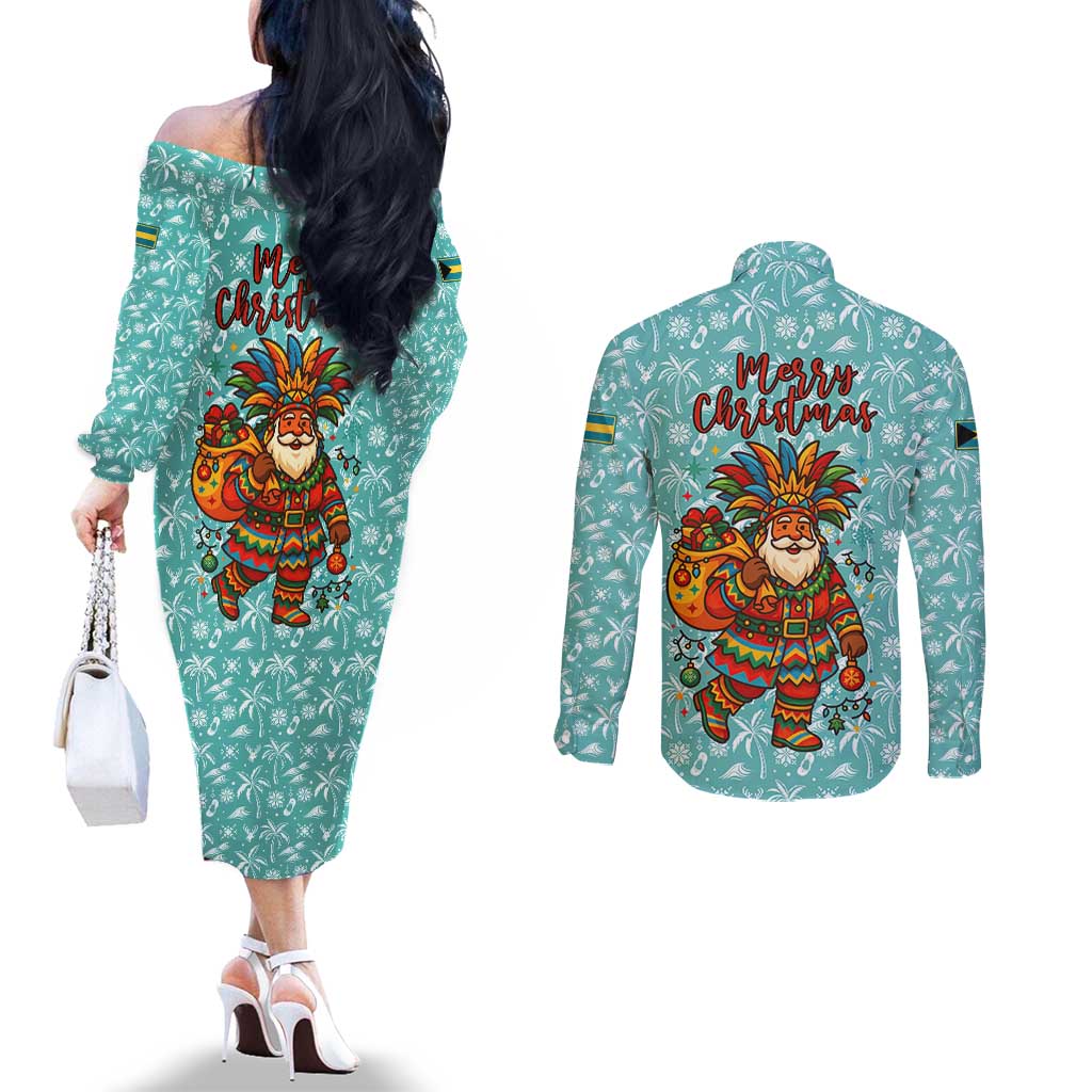 Bahamas Christmas Couples Matching Off The Shoulder Long Sleeve Dress and Long Sleeve Button Shirt with Teal Palm Pattern Carnival Santa and National Emblem Motif - Wonder Print Shop