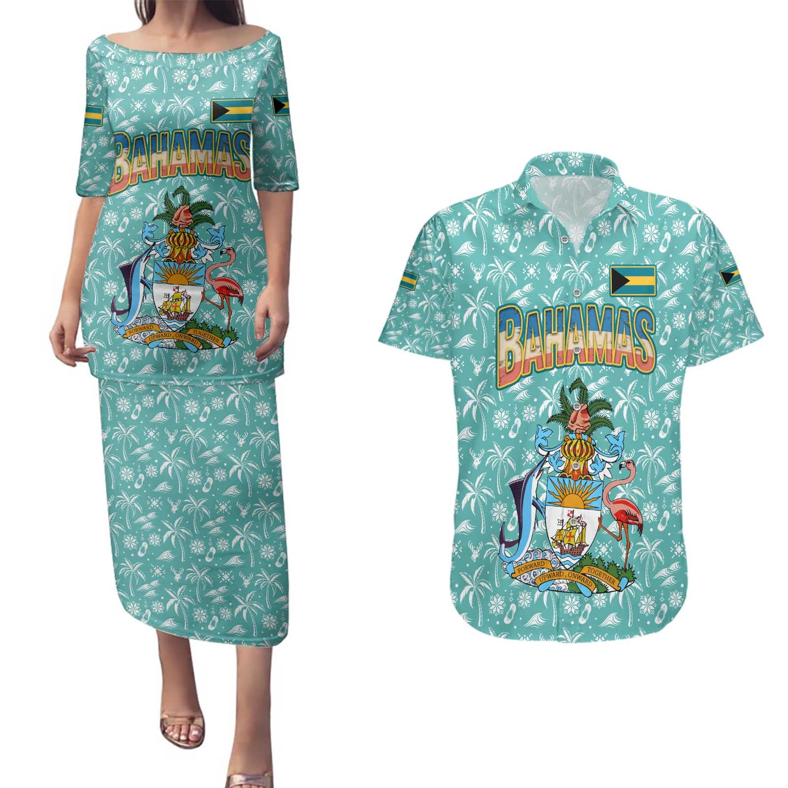 Bahamas Christmas Couples Matching Puletasi and Hawaiian Shirt with Teal Palm Pattern Carnival Santa and National Emblem Motif - Wonder Print Shop