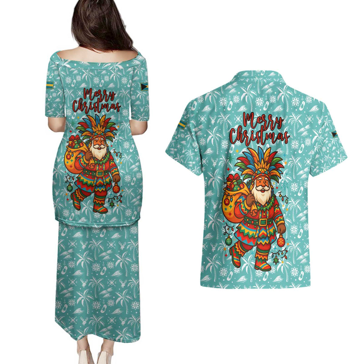 Bahamas Christmas Couples Matching Puletasi and Hawaiian Shirt with Teal Palm Pattern Carnival Santa and National Emblem Motif - Wonder Print Shop