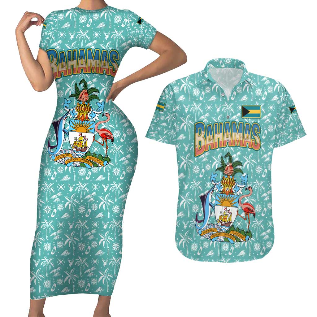Bahamas Christmas Couples Matching Short Sleeve Bodycon Dress and Hawaiian Shirt with Teal Palm Pattern Carnival Santa and National Emblem Motif - Wonder Print Shop
