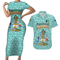 Bahamas Christmas Couples Matching Short Sleeve Bodycon Dress and Hawaiian Shirt with Teal Palm Pattern Carnival Santa and National Emblem Motif - Wonder Print Shop