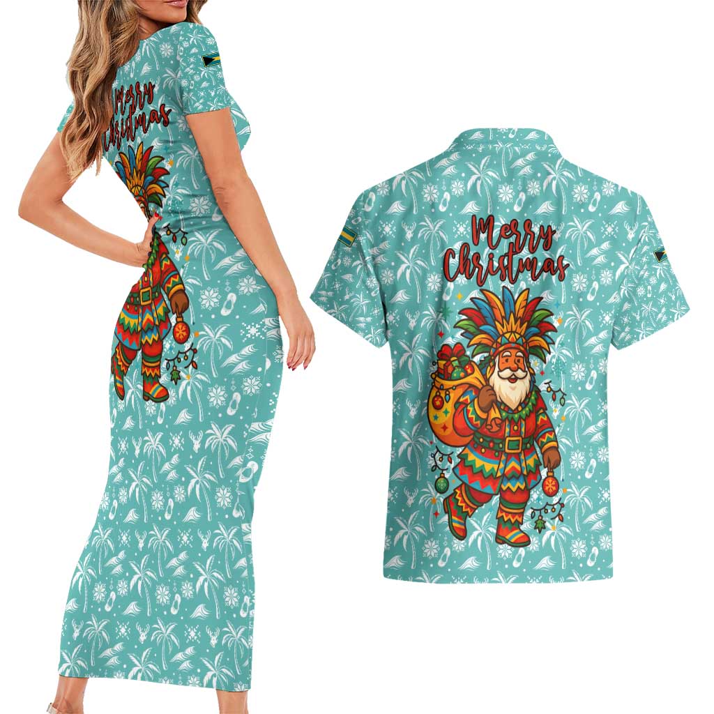 Bahamas Christmas Couples Matching Short Sleeve Bodycon Dress and Hawaiian Shirt with Teal Palm Pattern Carnival Santa and National Emblem Motif - Wonder Print Shop