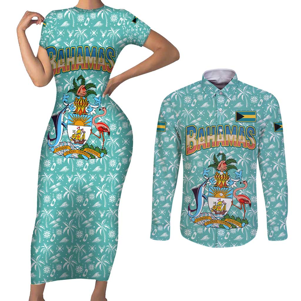 Bahamas Christmas Couples Matching Short Sleeve Bodycon Dress and Long Sleeve Button Shirt with Teal Palm Pattern Carnival Santa and National Emblem Motif - Wonder Print Shop