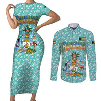 Bahamas Christmas Couples Matching Short Sleeve Bodycon Dress and Long Sleeve Button Shirt with Teal Palm Pattern Carnival Santa and National Emblem Motif - Wonder Print Shop