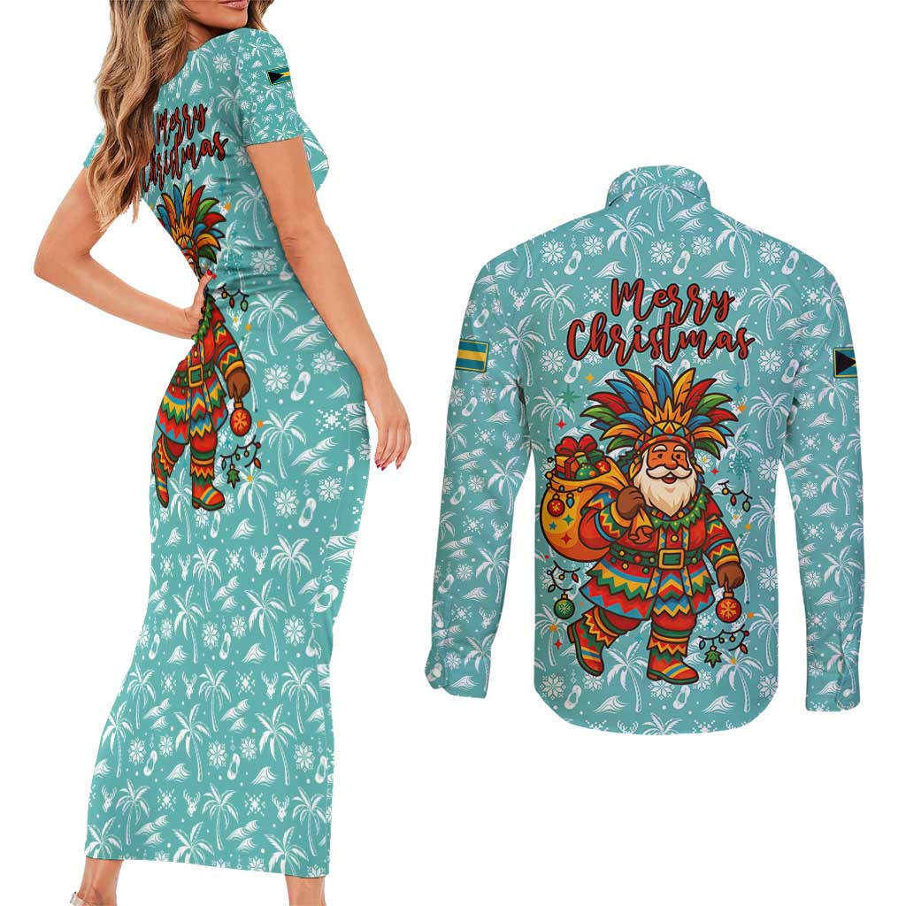 Bahamas Christmas Couples Matching Short Sleeve Bodycon Dress and Long Sleeve Button Shirt with Teal Palm Pattern Carnival Santa and National Emblem Motif - Wonder Print Shop