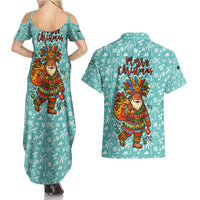 Bahamas Christmas Couples Matching Summer Maxi Dress and Hawaiian Shirt with Teal Palm Pattern Carnival Santa and National Emblem Motif - Wonder Print Shop