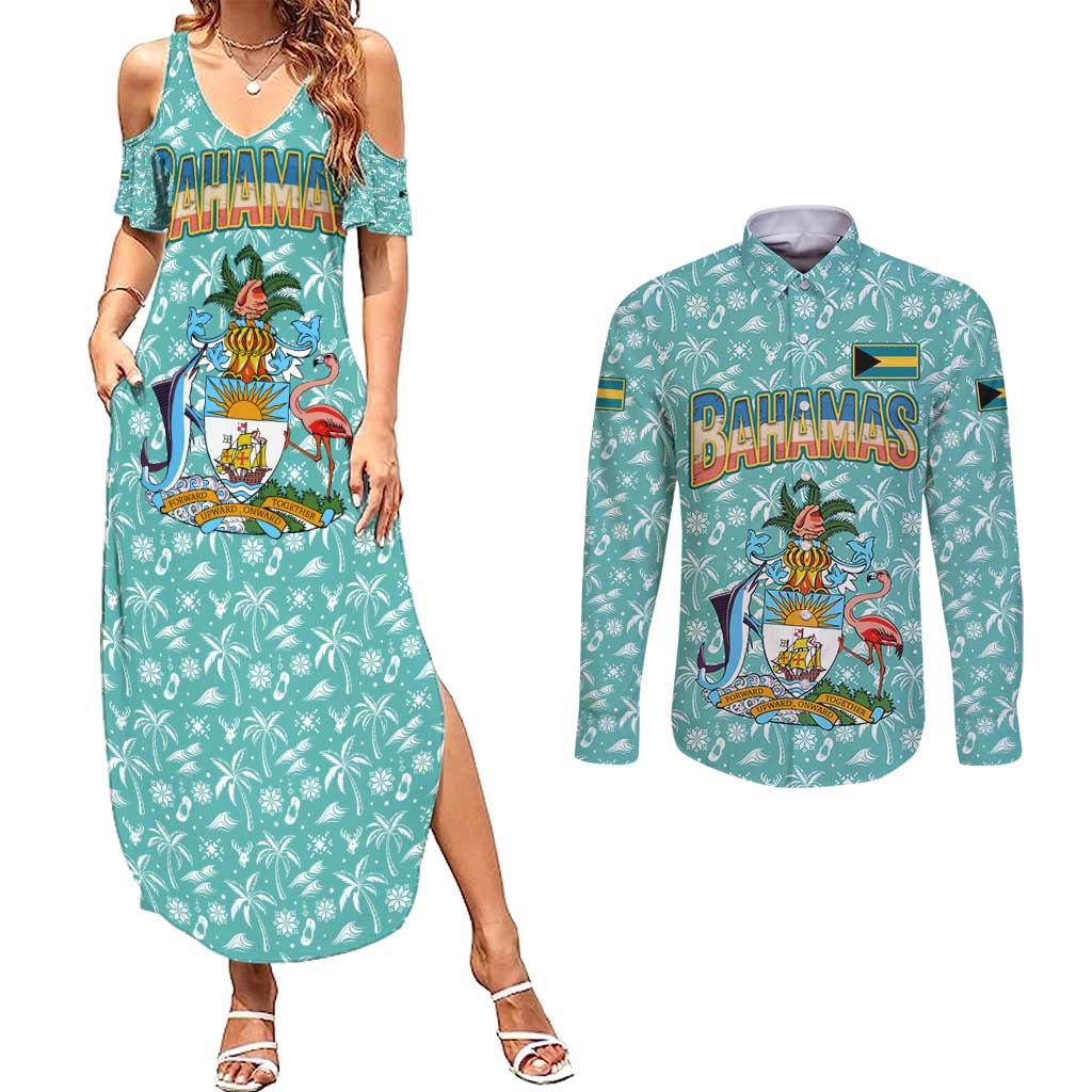 Bahamas Christmas Couples Matching Summer Maxi Dress and Long Sleeve Button Shirt with Teal Palm Pattern Carnival Santa and National Emblem Motif - Wonder Print Shop