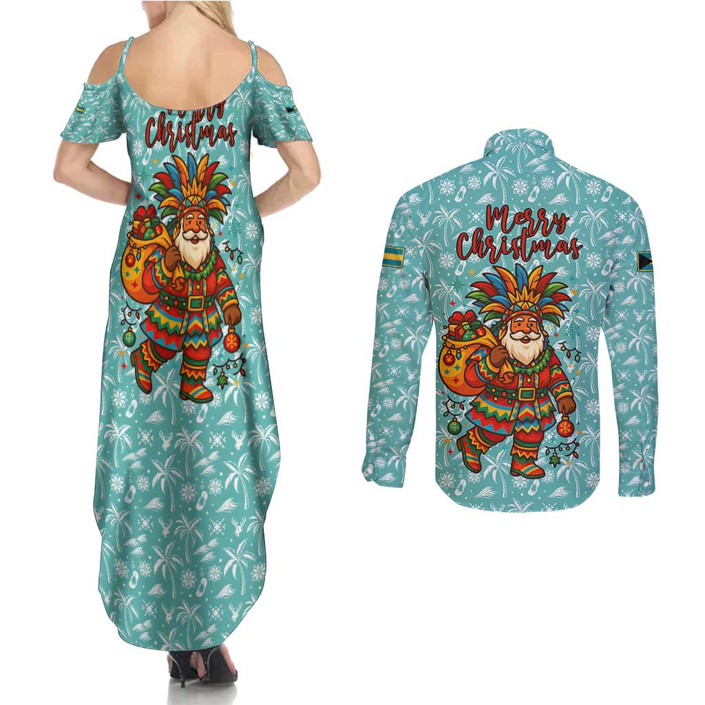 Bahamas Christmas Couples Matching Summer Maxi Dress and Long Sleeve Button Shirt with Teal Palm Pattern Carnival Santa and National Emblem Motif - Wonder Print Shop
