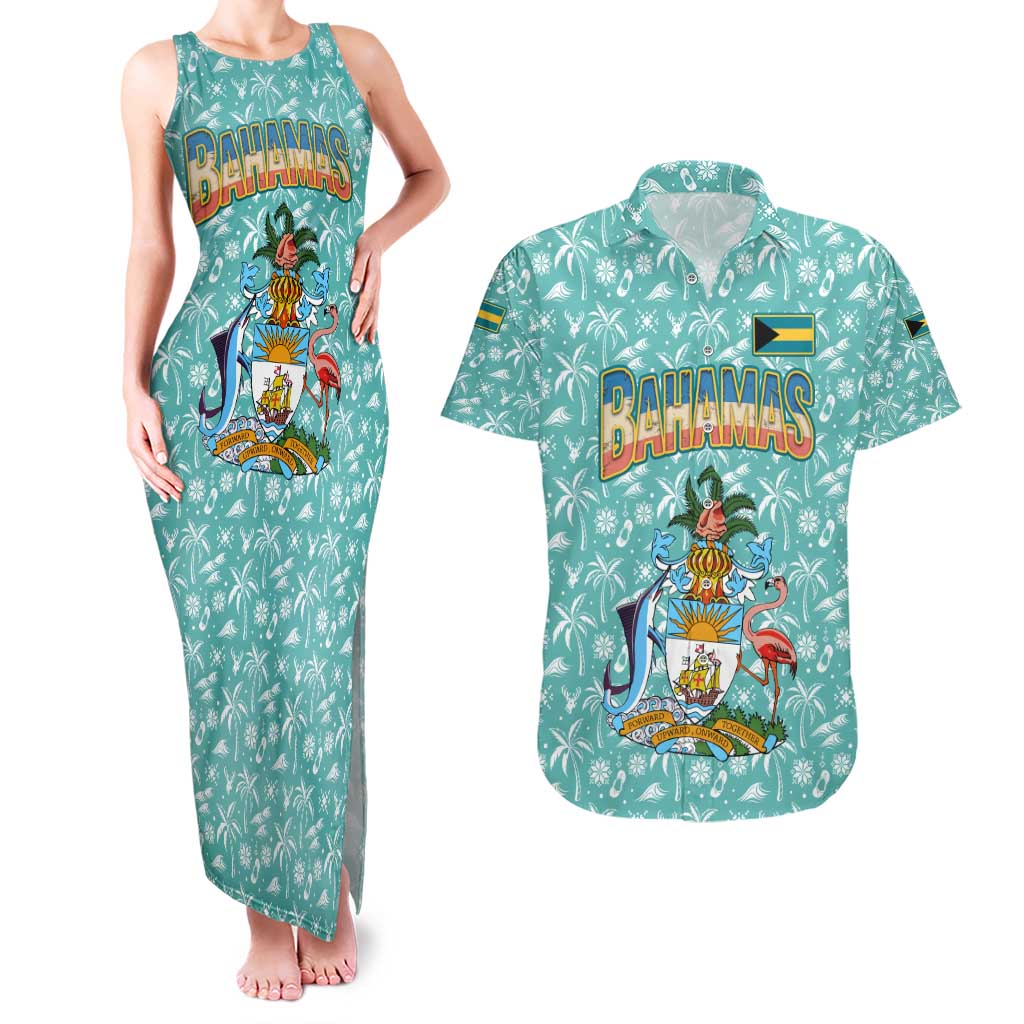 Bahamas Christmas Couples Matching Tank Maxi Dress and Hawaiian Shirt with Teal Palm Pattern Carnival Santa and National Emblem Motif - Wonder Print Shop