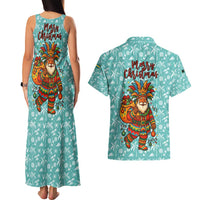 Bahamas Christmas Couples Matching Tank Maxi Dress and Hawaiian Shirt with Teal Palm Pattern Carnival Santa and National Emblem Motif - Wonder Print Shop