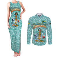 Bahamas Christmas Couples Matching Tank Maxi Dress and Long Sleeve Button Shirt with Teal Palm Pattern Carnival Santa and National Emblem Motif - Wonder Print Shop