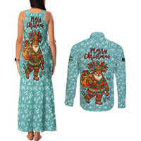 Bahamas Christmas Couples Matching Tank Maxi Dress and Long Sleeve Button Shirt with Teal Palm Pattern Carnival Santa and National Emblem Motif - Wonder Print Shop
